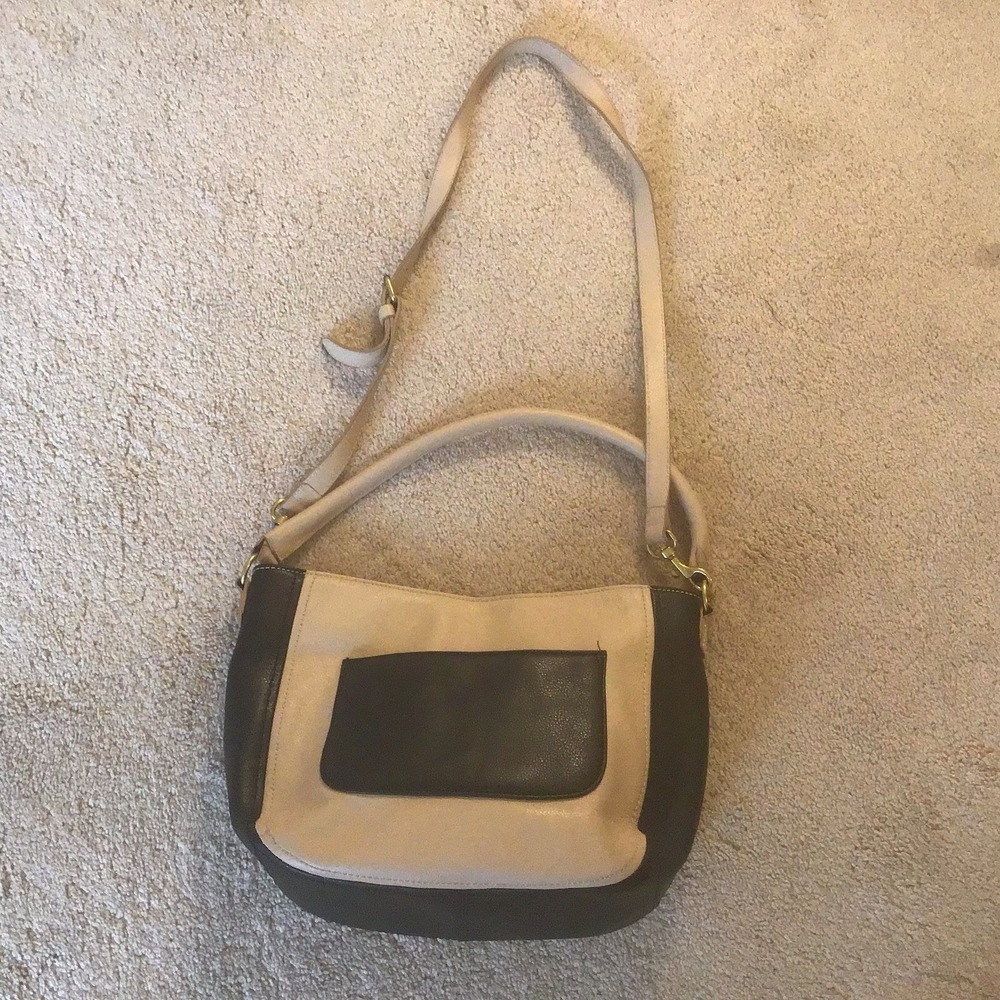 J. Crew Tan Black Crossbody Purse 100% Leather Neutral Beige Classic Handbag